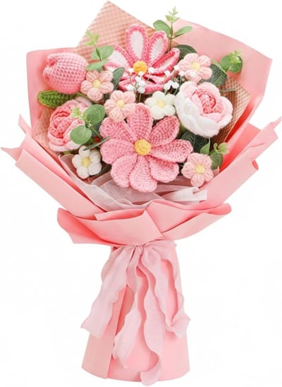 Gehaakte bloemen boeket - Handgemaakt cadeau - Woondecoratie - Eeuwige schoonheid - 37x30 cm - Multicolor