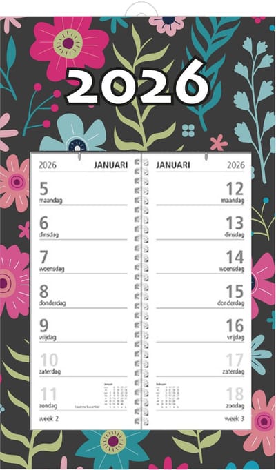 MGPcards - Omlegweekkalender 2026 - Week begint op maandag - 21 x 34 cm - Flowers - Zwart