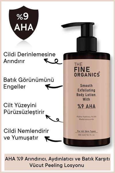 The Fine Organics Zuiverende Lichaamspeelingslotion met 9% AHA – Verhelderend & Egaliserend – Voor Ingegroeide Haartjes & Onzuivere Huid – Alle Huidtypes – 300 ml