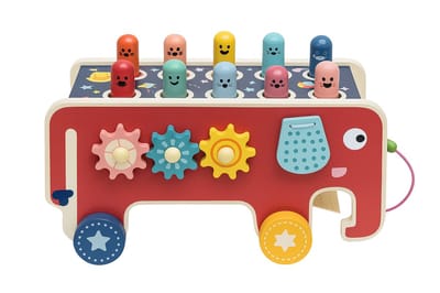 Houten Olifant Karretje – Educatief Muziek- en Motoriek Speelgoed (18 maanden+) – Whack-a-mole, Xylofoon & Trekkoord- Bextunio
