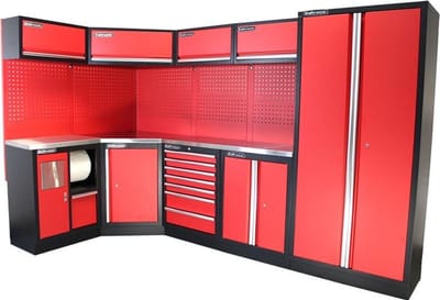 Kraftmeister werkplaatsinrichting - Werkbank met 4 wandkasten, 1 werkplaatskast en RVS werkblad - Werktafel met 7 laden, 2 opbergkasten, 1 prullenbak en gereedschapswand - Complete set voor werkplaats of garage - Rood