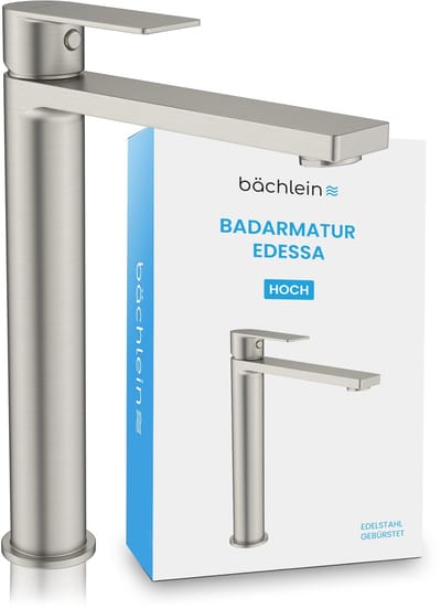 Bächlein badkamerkraan Edessa in modern design, extra hoge eengreepsmengkraan voor opzetwastafel met bevestigingsset, badkamerkraan in geborsteld roestvrij staal