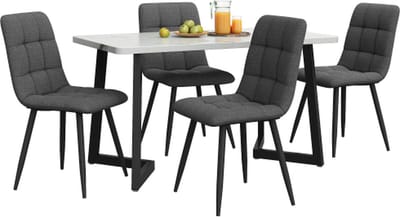 Eettafel met 4 stoelen set Donkergrijs Linnen Eetkamerstoel Keukentafelset Zwarte tafelpoten