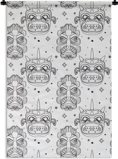 Wandkleed - Wanddoek - Maskers - Inca - Patroon - Zwart-Wit - 60x90 cm - Wandtapijt