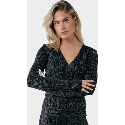 Colourful Rebel Fay Lurex Stripe Fake Wrap Top Metallic Silver Size: XS | Blouses Outlet | Dames | Zwart