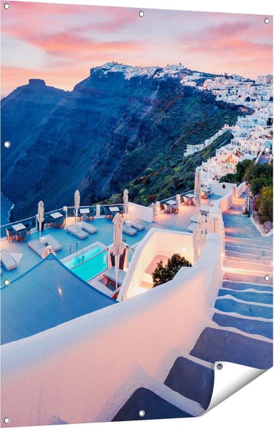 Gards Tuinposter Luxe Huisjes aan de Kust in Fira, Griekenland - 90x120 cm - Tuindoek - Tuindecoratie - Wanddecoratie buiten - Tuinschilderij