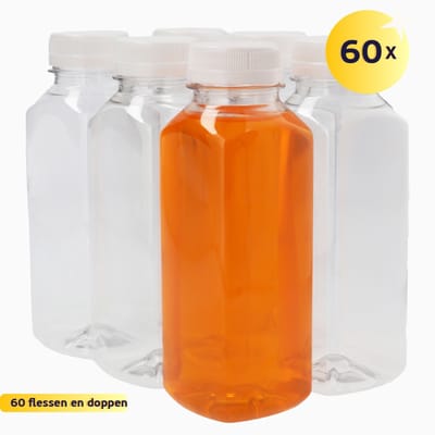60 x Sapfles Plastic 330 ml - Vierkant - PET Flessen met Dop wit- PET Kunststof BPA-vrij - Plastic Flessen Navulbaar - Met Dop - Lege Flessen - 60 stuks