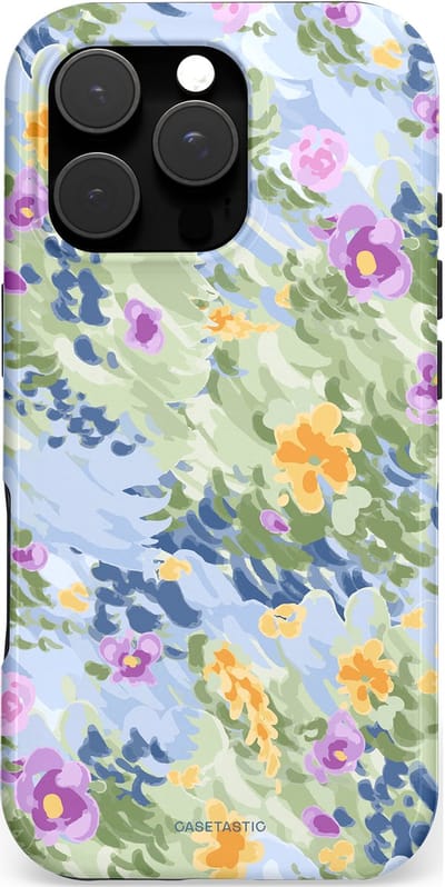 Casetastic hoesje geschikt voor Apple iPhone 16 Pro - MagSafe - Dubbellaagse bescherming - Zonnige Bloemtuin - Fashion Case - Lichtgrijs Zand Saliegroen Lila