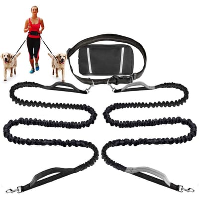 Laisse mains libres pour un ou deux chiens avec sac de taille, poignée double réfléchissante, élastique à absorption de choc, laisse de course pour animaux de compagnie pour chiens (black,one 2.5 105) noir