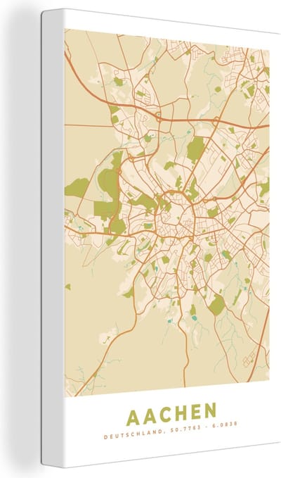 Canvas Schilderij Kaart - Vintage - Aachen - Plattegrond - Stadskaart - 20x30 cm - Wanddecoratie