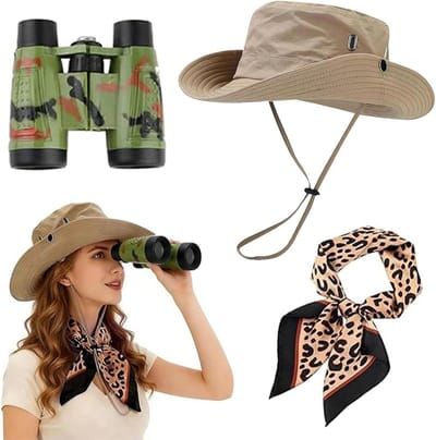 3-delig Safari Kostuum Accessoire Set voor Verkenner en Dierentemmer met Hoed, Sjaal en Verrekijker voor Halloween en Cosplay