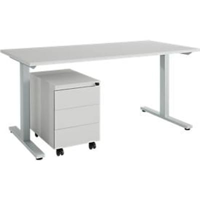Schäfer Shop  Select Bureautafel m. verrijdbaar ladeblok, T-poot, staal, lichtgrijs, houten blad B 1600 x D 800 x H 735 mm, 3 schuifladen