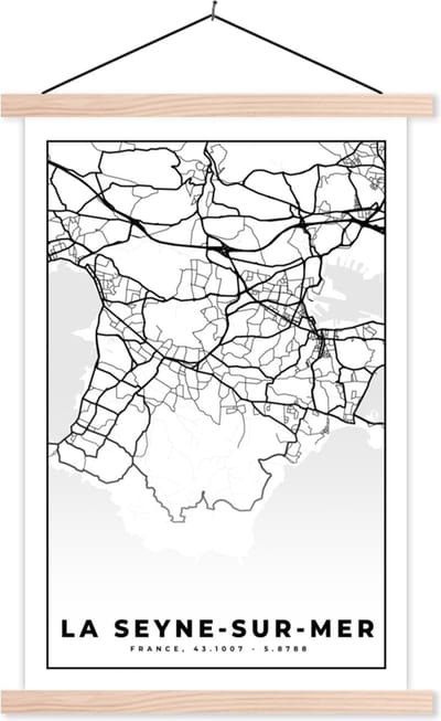 Posterhanger incl. Poster 40x60 cm - Schoolplaat - Plattegrond - La Seyne-sur-Mer - Kaart - Frankrijk - Stadskaart - Zwart wit - Textielposter - Blanke latten - Stadskaart