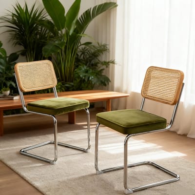 MODFU Eetkamerstoelen Set Van 2 - Stapelbaar - Modern - Voor Eetkamer - Staal, Stof En Rotan - Groen
