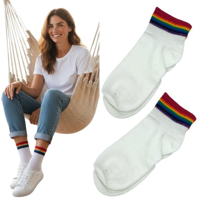 Witte Enkelsokken met Regenboogband & Rode Boord – One Size - Fris, Kleurrijk & Comfortabel (1 Paar)