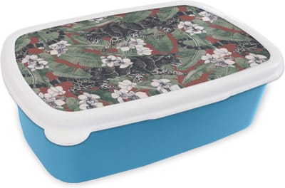 Broodtrommel Blauw - Lunchbox - Brooddoos - Jungle - Bloem - Panter - Patronen - 18x12x6 cm - Kinderen - Jongen
