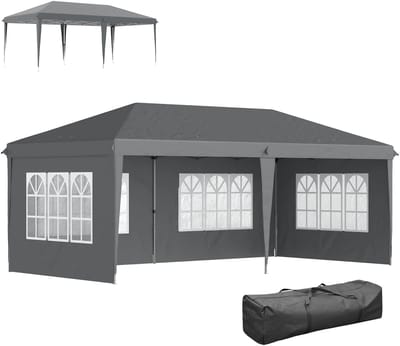 QUESTYR Opvouwbare Partytent 6×3 m – Pop‑up Paviljoen – 4 Afneembare Zijwanden met Ramen – Donkergrijs – Stalen Frame – Inclusief Draagtas