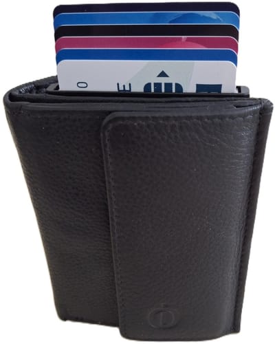 OI zwarte leren portemonnee met Figuretta pasjeshouder en ruimte voor kleingeld / Compact portemonneetje met Cardprotector en ruim munt vak / compleet beursje met RFID SAFE kastje / zwart leer / 146