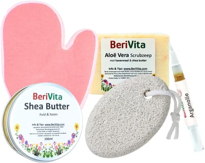 Voeten Verzorgingspakket - Puimsteen wit, Scrubzeep Aloë Haver, Shea Butter blik 100ml, Scrubhandschoen en pure Arganolie pen