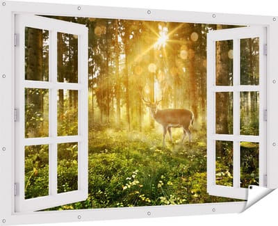 Gards Tuinposter Doorkijk Hert in Bos met Zon - 180x120 cm - Tuindoek - Tuindecoratie - Wanddecoratie buiten - Tuinschilderij
