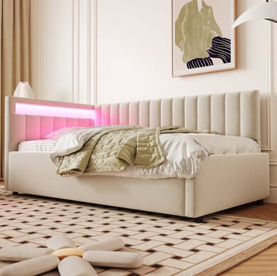 MEUNIQ slaapbank 90x200 met LED-verlichting, hydraulische opbergruimte, lattenbodem en verwisselbare zijpanelen, beige velours voor slaapkamer of logeerkamer