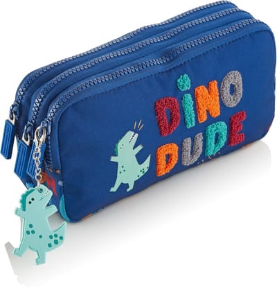 Dino Etui - Drie Vakken - School Organisatie - Gemaakt van gerecyclede flessen - 21 x 10 x 6 cm
