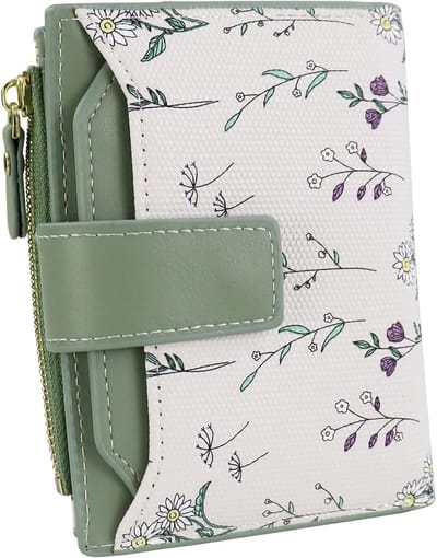 Andiker Bifold damesportemonnee met grote capaciteit, ritsvak en afneembare, slanke dubbelzijdige portemonnee, mini-portemonnee voor dames met bloemenpatroon, groen, 5*4*1.2 inches, Hedendaags