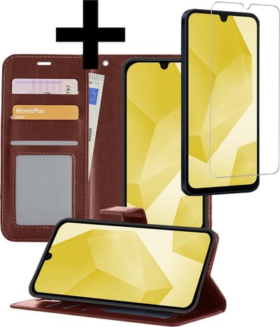 Hoesje - Met Screenprotector - Geschikt voor Samsung Galaxy A16 - Luxe Pasjeshouder - Bookcase Portemonee - Flip Case - Kunstleer Book Case - Flipcase - Book Cover - Walletcase - Portemonneehoes - Telefoonhoesjes - Bruin
