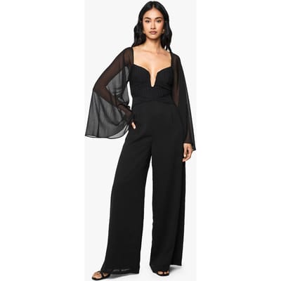 boohoo Dames Chiffon geplooide jumpsuit met lange mouwen | Zwart | Maat: 36