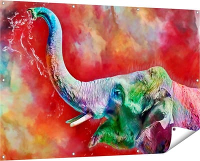 Gards Tuinposter Getekende Vrolijke Olifant - Abstract - 150x100 cm - Tuindoek - Tuindecoratie - Wanddecoratie buiten - Tuinschilderij