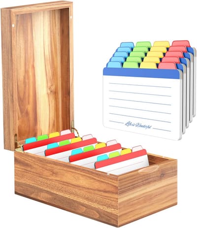 Indexkaarthouder Houten - Opberger Notities - Kaarten Sorteren - 4 Vakken Magnetisch - 600 Kaarten - Natuurlijk Hout