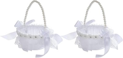 Trouwmanden Set - Bloemenmandjes Bruid - Bruiloft Decoratie - Satijnen Afwerking - 14 x 10 x 10 cm - Wit