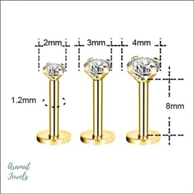 Aramat Jewels | Piercings | Elegante Zirkonia Labret Piercing – 8mmx1.2mm | Goudkleurig / Transparant / 4mm | |3mm | Staal | Volwassenen | Verkleurd niet