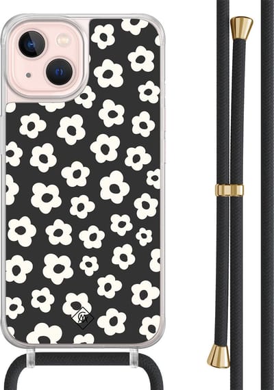 Casimoda® hoesje met zwart koord - Geschikt voor iPhone 13 - Retro Bloempjes - Afneembaar koord - TPU/acryl - Zwart