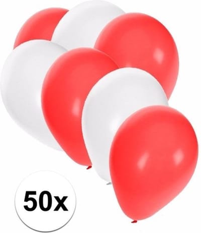 50x stuks ballonnen - wit en rood - ronde knoopballonnen - versiering - feestartikelen - kleurenmix