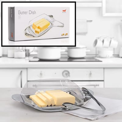 Botervloot - Boterschaal met kunststof deksel en metaal - Boter Tang - Botervlootje Boter - RVS & Glas - Butter Dish