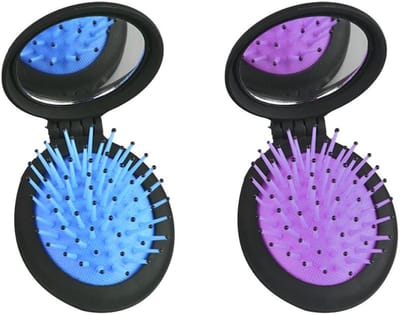 Draagbare opvouwbare ovale haarborstel met spiegel, compacte stylingtool voor tas, sportschool en zwemmen, ideaal voor onderweg (blauw en paars)