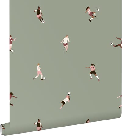 ESTAhome behang voetbalspeelsters vergrijsd groen - 50 x 900 cm - 131281