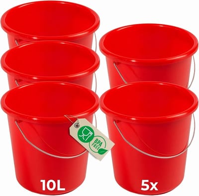 Novaliv 5 stuks emmer 10L rood met maatverdeling - schoonmaak emmer 10 liter? 28,5 cm Praktische alleskunner met schaalverdeling voor huishouden & tuin ideaal als huishoudemmer, wateremmer, dweilemmer, emmer