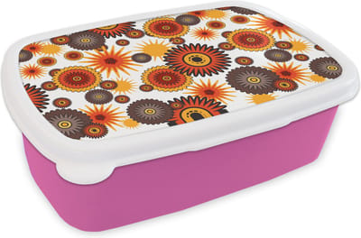 Broodtrommel Roze - Lunchbox Design - Retro - Oranje - Bloemen - Brooddoos 18x12x6 cm - Brood lunch box - Broodtrommels voor kinderen en volwassenen