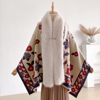 Herfst Winter Modieuze Luxe Imitatie Kasjmier Dames Jacquard Sjaals Geweven Poncho Dames Capes Sjaals Mantels Kunstbont Sjaal gray