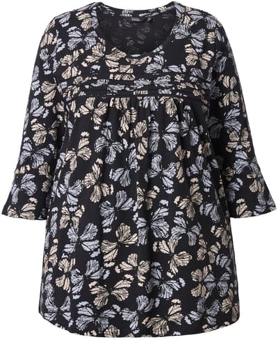 Ulla Popken - Dames - Shirt bloemen A-lijn V-hals 3/4-mouwen - Popcorn - Maat 50+