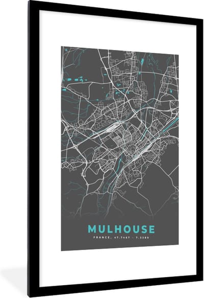 Fotolijst incl. Poster - Mulhouse - Frankrijk - Kaart - Plattegrond - Stadskaart - 60x90 cm - Posterlijst