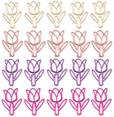 Dailygoods- Tulpenpaperclips 20 Stuks - Creatieve Bloemvormige Paperclips - Metalen Paperclips - 35 mm - Goud/Rose Goud/Rood/Paars - Documenten Organiseren