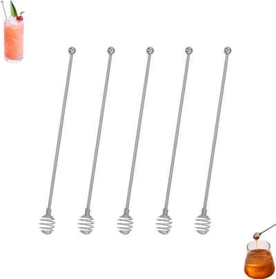 5 stuks - Koffieroerder - Roestvrijstalen roerder - Jamroerder - Honingroerder met lange steel - Herbruikbare drankroerder - Cocktailroerder van 24 cm - Geschikt voor thuis, bar, keuken en feestjes (zilver)