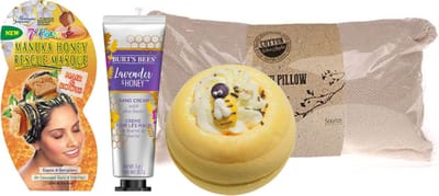 Burt's Bees Cadeauset Honing Self Care - Burt's Bees Handcreme Lavender & Honey - 7th Heaven Hair & Root Masker Manuka Honey - Source Balance Badkussen Cotton