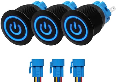 ProRide Drukschakelaar ON-OFF 220V - 19mm Metaal - Waterdicht - LED Blauw - Met Kabels - 3 stuks