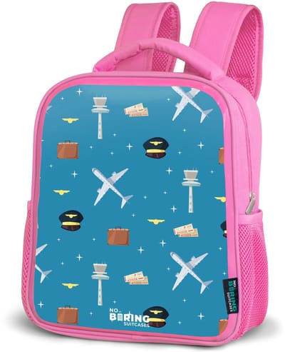 NoBoringSuitcases.com® - Rugzak roze - Schooltas meisjes - Luchtvaartthema met vliegtuigen op blauwe achtergrond - Kinder rugtas meisje - Boekentas kind - Kinderrugzak voor school - Schoolrugzak