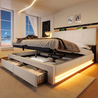 HAUSS SPOLE Gestoffeerd Bed 140x200 cm - Met Opbergruimte USB en Ledverlichting - Zonder Matras - Linnen - Beige