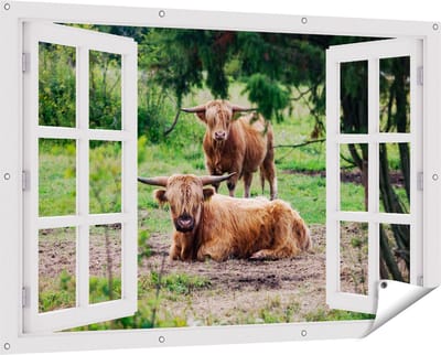 Gards Tuinposter Doorkijk Twee Schotse Hooglanders in de Bossen - 150x100 cm - Tuindoek - Tuindecoratie - Wanddecoratie buiten - Tuinschilderij